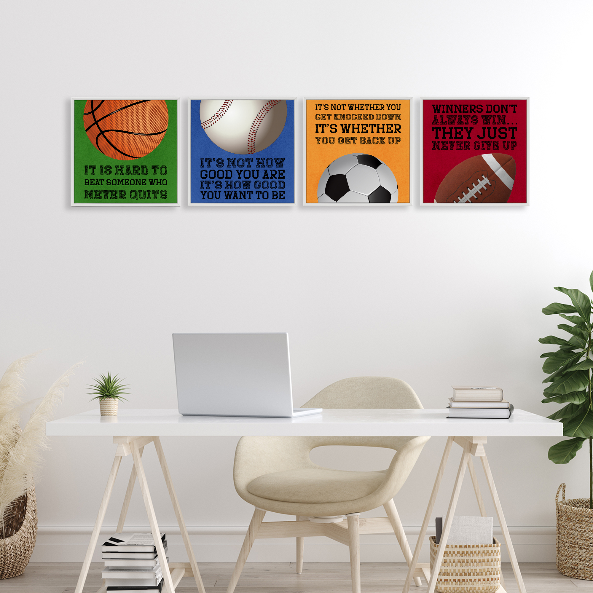 Motivational Sports Determination 4 Piece White Framed Giclee Art Set, design by Marcus Prime
