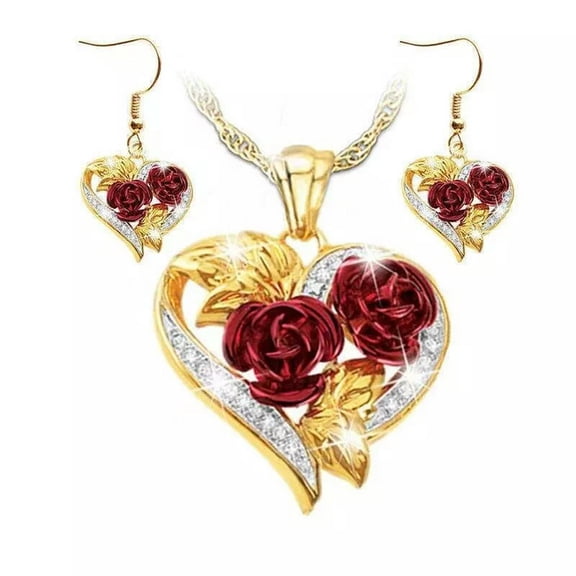 HOOUN 925 Silver Plated Shinny Red Rose Necklace Earring Love Heart Jewelry Set Gift