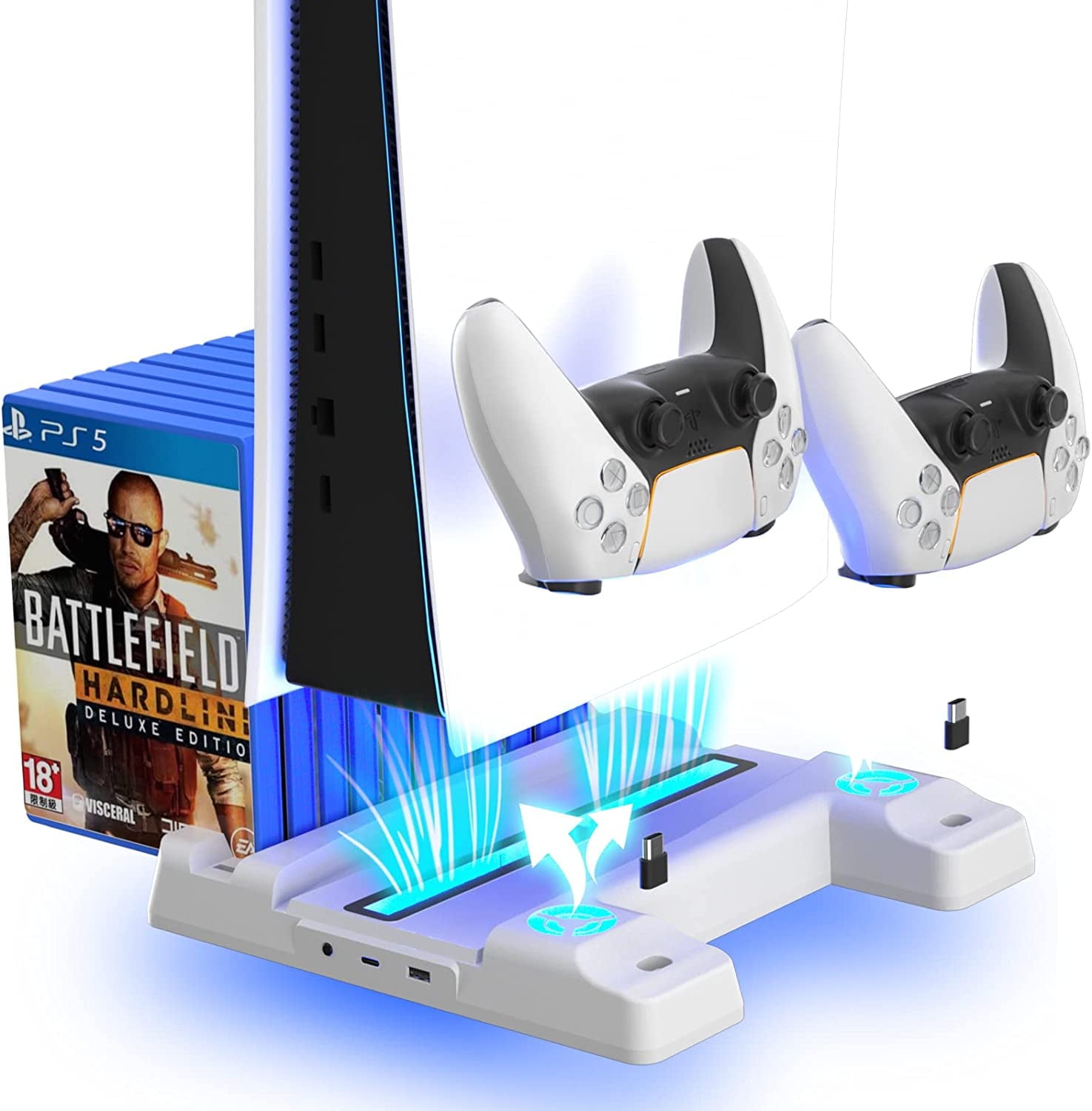 OIVO PS5/PS5 Slim/PS5 Pro standaard met 3-traps ventilator en licht, PS5- standaard met 4 USB-poorten/controller-laadstation/headsethouder/remote sleuf/14 spelletjes opslag voor PS5-accessoires, zwart