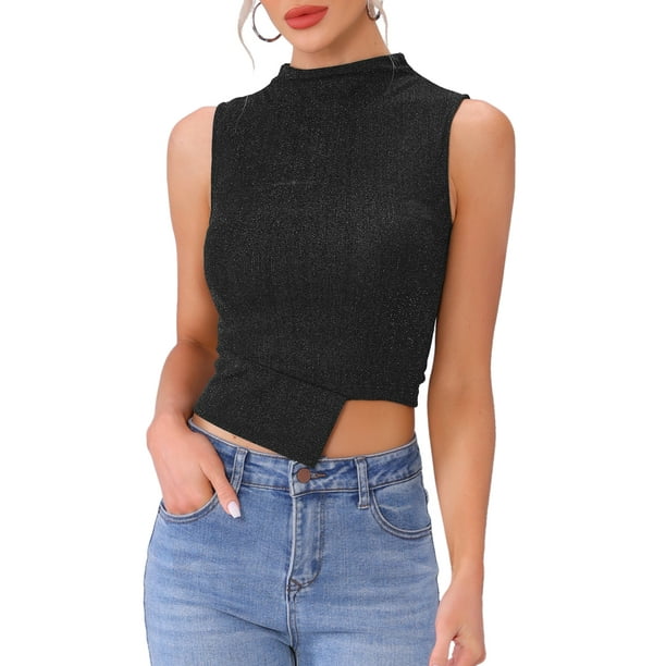 Top sin mangas asimétrico con brillo para mujer, cuello alto, blusa negra L