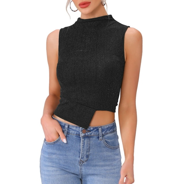 Top Sin Mangas con Cuello Mock para Mujeres, Brillo, Dobladillo Asimétrico, Blusa M Negra