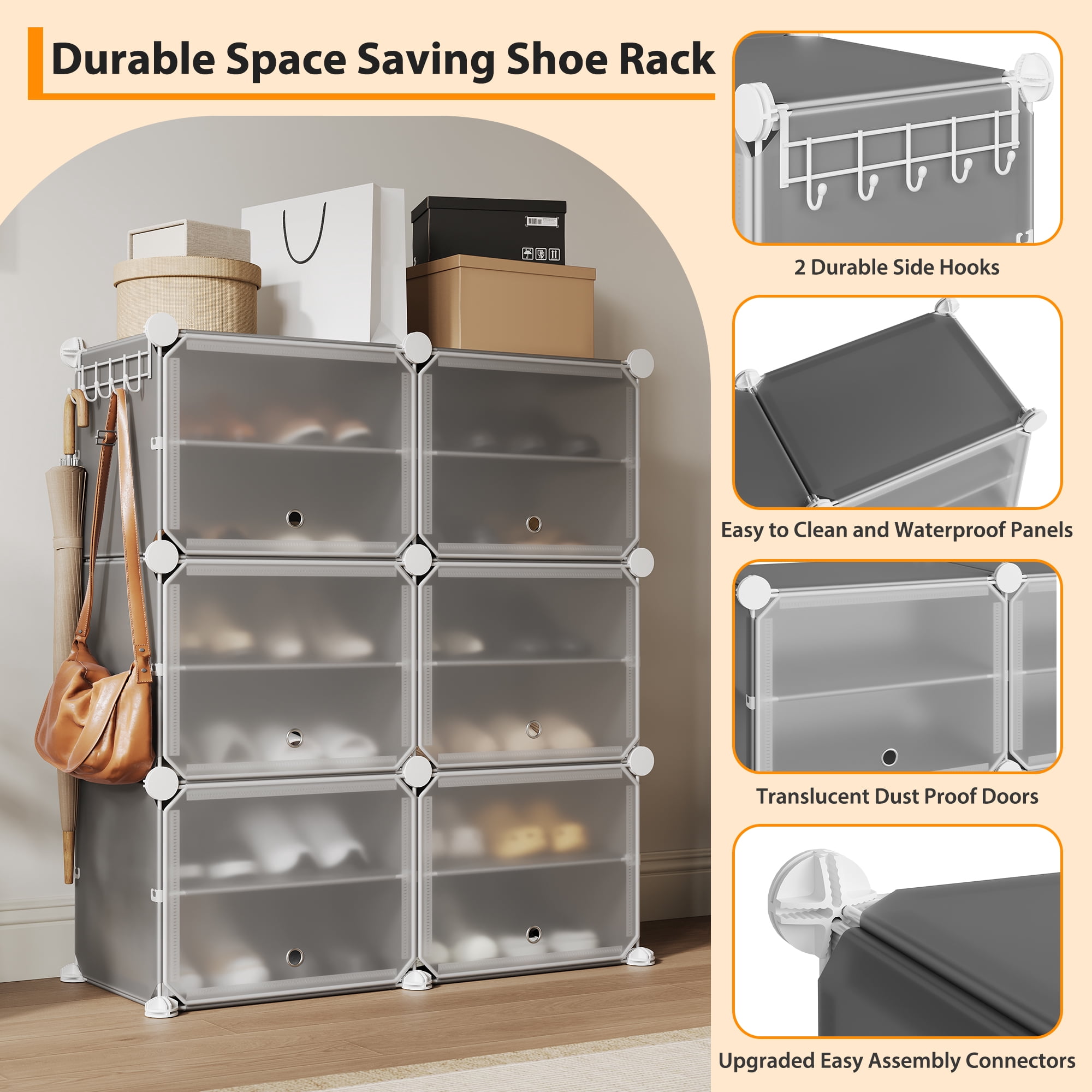 Modular 6-Cube Shoe Storage Cabinet with Doors – 6-Tier Plastic Shoe Organizer – Space-Saving – Easy DIY Assembly – for Entryway, Bedroom, Living Room – Gray