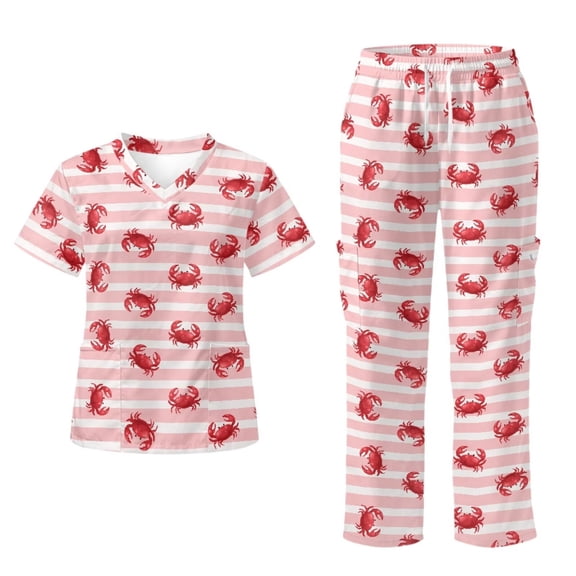 Yspwyqan Scrubs for Women Set, 2 Piece V-Neck Short Sleeve Scrub Top & Straight Leg Pants, Stretchy Breathable Red Stripe Crab Uniforms for Medical Nurse Work, Size S