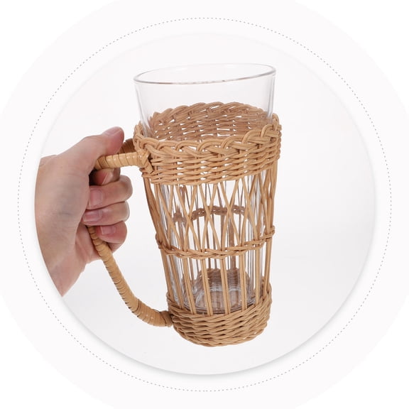 OATIPHO Heat-Resistant Rattan Woven Glass Cup Light Brown for Home Use