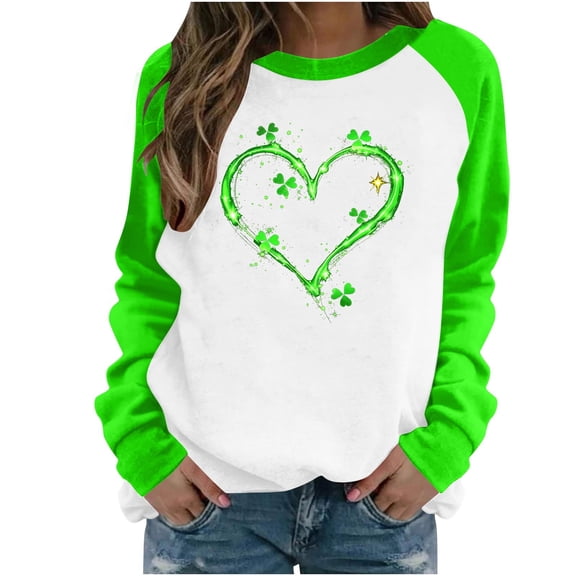 Ohufall Long Sleeve Shirts For Women, Spring Patchwork St. Patrick's Day Printed Round Neck Casual Loose Tee Pullover Women Tops