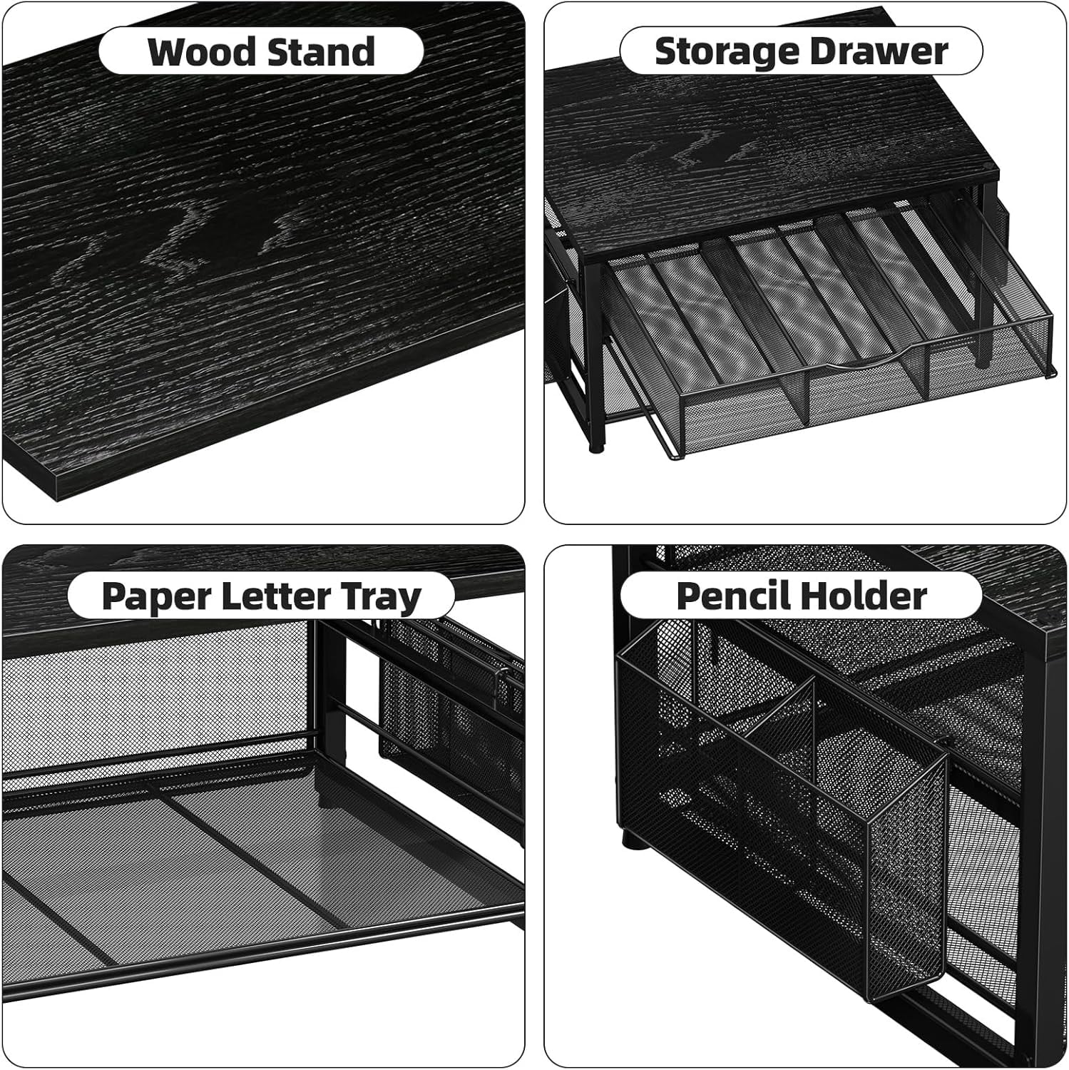Wood Printer Stand for Desk, 2-Tier Desktop Printer Table for Home Office, Printer Stand with Storage Drawer 2 Pen Holders, Multi-Purpose Desk Organizer for Fax Machine Scanner (Wood Black)
