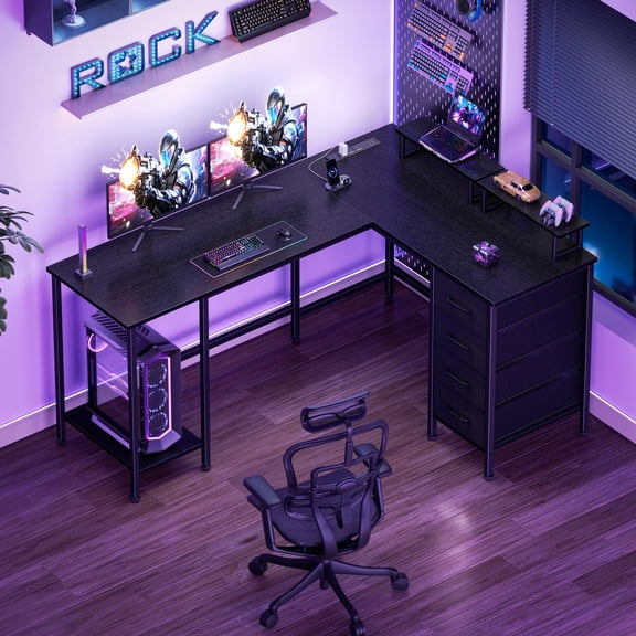 Satifur 59" L-Shaped Desk with Power Outlets, 4 Fabric Drawers & 2 Monitor Stands, Convertible Two Person Home Office Desk, Black