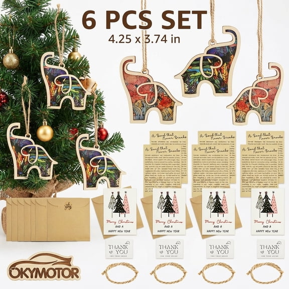 6 Pcs Wood Friendship Elephant Ornament Decorative Elephant Hanging Ornament with Card and String for Best Friends and Sisters