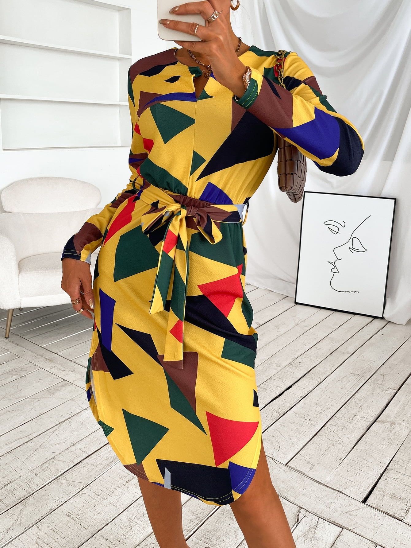 geo print curved hem belted shirt dress