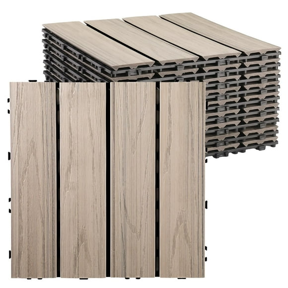 famobay Wood Plastic Composite Patio Deck Tiles,DIY Interlocking Decking Tiles, Floor Tile,Durable, Maintenance,Waterproof,Indoor Outdoor (12" x 12", Ancient White, 9)
