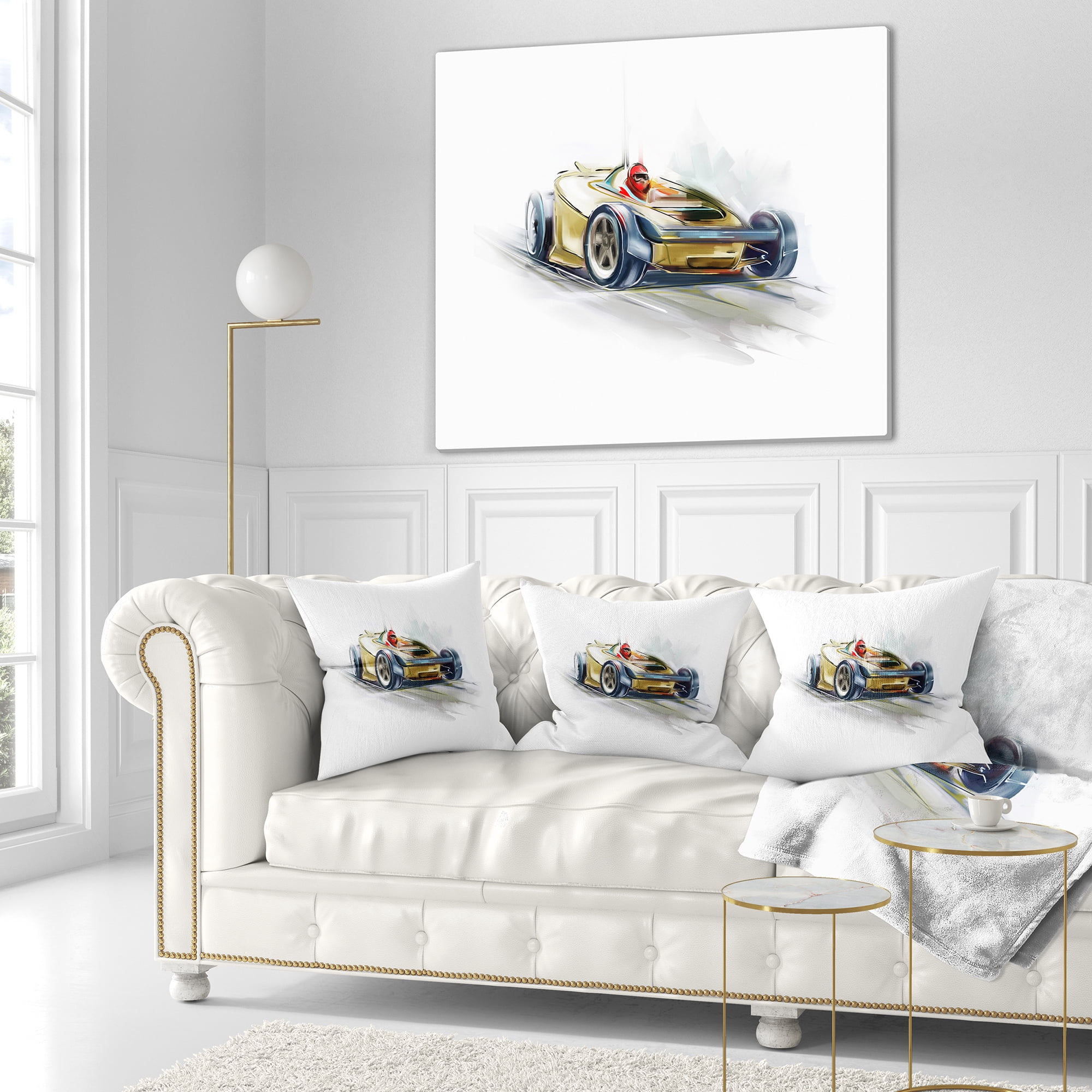 Designart Yellow Formula One Car - Digital Art Car Throw Pillow - 16x16