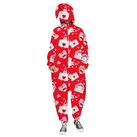 

LBECLEY Birthday Outfits for Men Men s and Women s Valentine s Day Love Print Hooded Pullover Zipper Pajamas Party Couple Set Men Jumpsuits with Hoodie C Xs