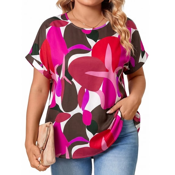 SOMER Woman Plus Size Tops Short Sleeve Blouses Casual Printing T Shirts Loose Summer Top