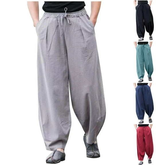 FRSASU Mens Casual Harem Pants Baggy Hippie Yoga Cotton Linen Pants Drop Crotch Drawstring Beach Summer Trousers Wine