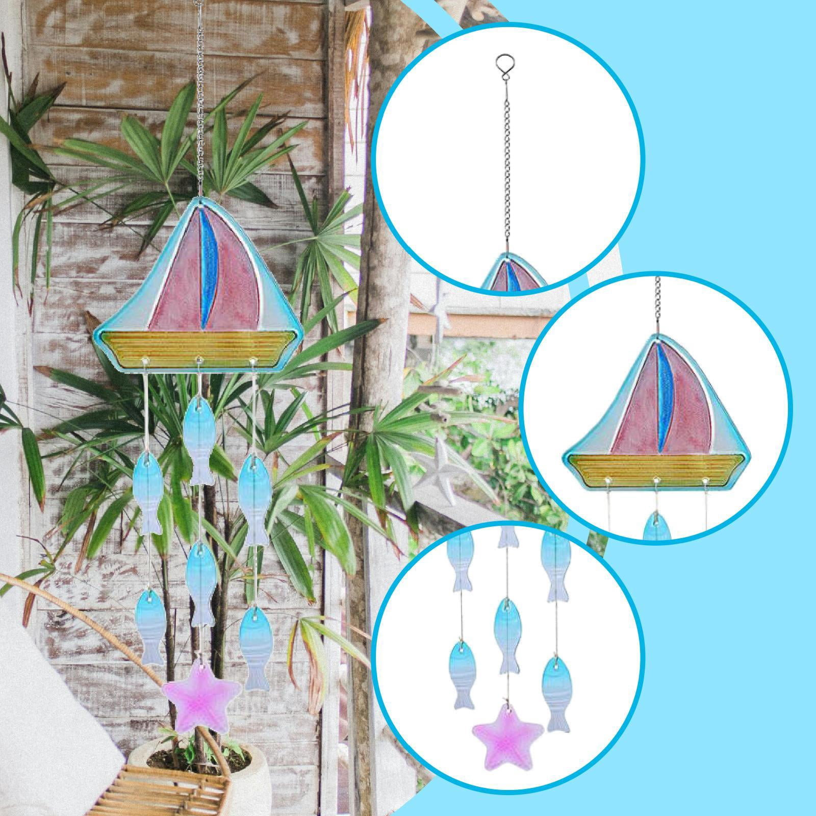 figatia Glass Sea Wind Chime Coastal Ornament Garden Hanging Windchime Pendant Windbell for Balcony Mom Women Home Farmhouse Entrance Boat 18.2x62.5cm