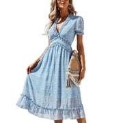Luxur dames robe longue a-ligne robes midi imprimé floral robe d'été de plage sexy col en v  Blanc XL