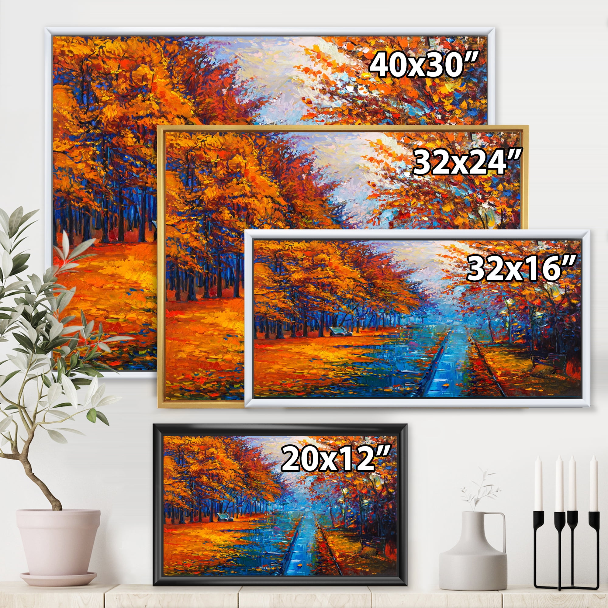 Designart 'Orange Autumn Landscape With Little Road II' Traditional Framed Canvas Wall Art Print