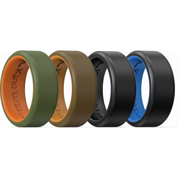 King Will 4 Pack Mens Silicone Rings, Unique Inner Heartbeat Design, 8mm Wide 2.2mm Thick, Breathable Rubber Wedding Bands, Comfort Fit Ring, Multi Colors, Size 8