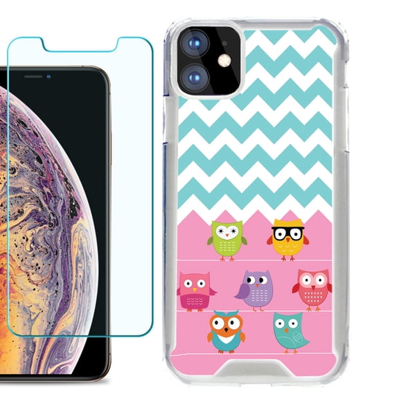 For Apple iPhone 11 Case, Hybrid Bumper Phone Case, with Tempered Glass Screen Protector, by OneToughShield ® - Chevron/Teal/Owl