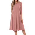 thumbnail image 2 of Huankd Dress for Women 3/4 Sleeve Crew Neck Pockets Vintage A-Line Swing Midi Dresses Pink L, 2 of 5