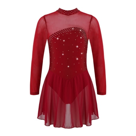 

CHICTRY Girls Shiny Rhinestone Skating Dress Long Sleeve Gym Skirted Leotard