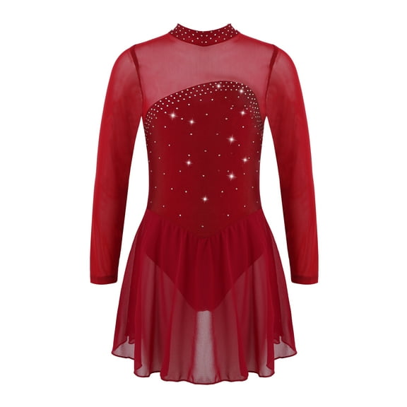 renvena Kids Girls Mesh Shiny Rhinestones Figure Ice Skating Roller Skating Dress 4-16 Burgundy 8