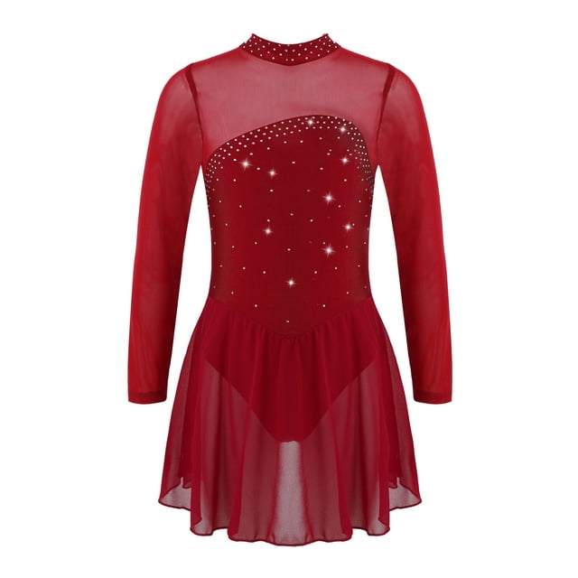 LiiYii Robe de Patinage Artistique à Manches Longues en Maille avec Strass pour Filles, Tutu de Ballet, Bourgogne 14