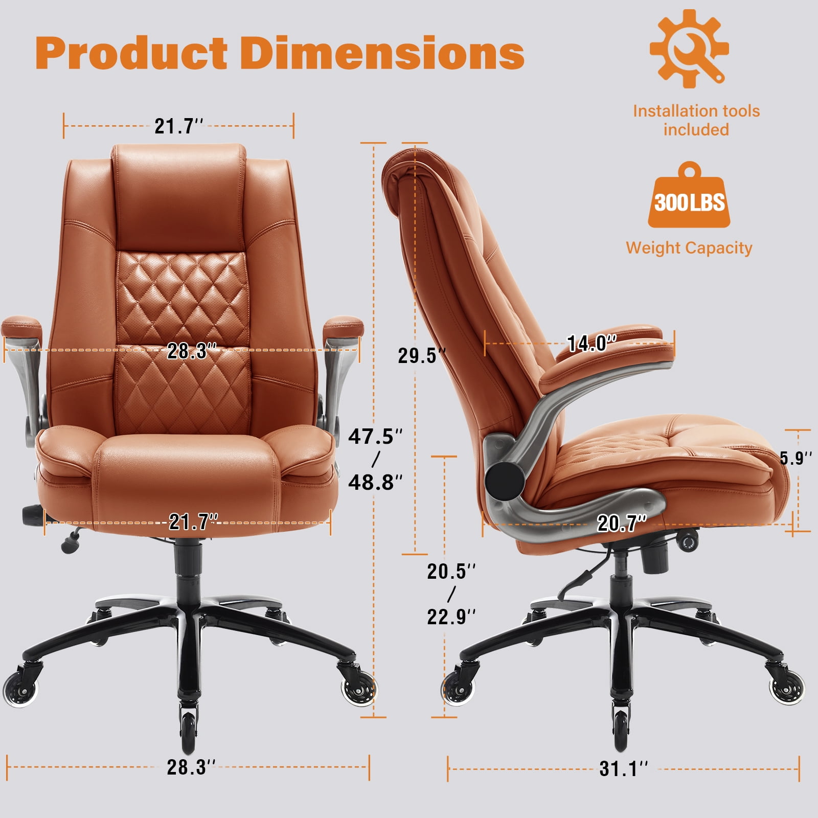 High Back Office Chair with Lumbar Support, Large Upholstered Executive Desk Chair, Faux Leather Computer Chair with Flip-up Arms, Rubber Wheels