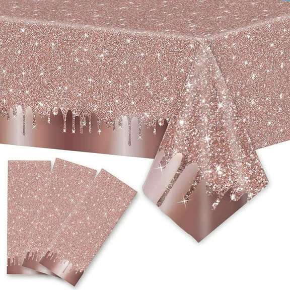3Pack Disposable  Rose Gold Plastic Tablecloths Sequin Glitter Table Runner Rectangular Table Covers for Wedding Anniversary Birthday Christmas Party