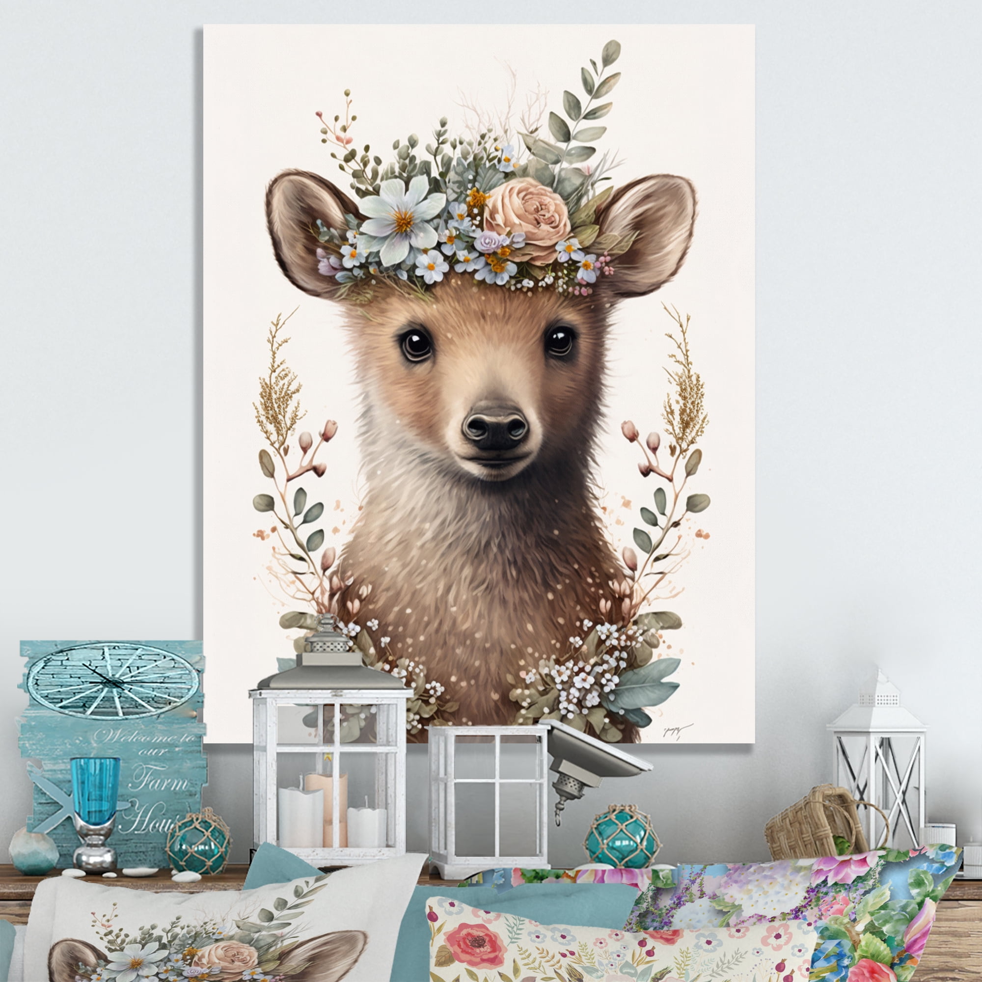 Designart Cute Baby Bear With Floral Crown II Canvas Wall Art