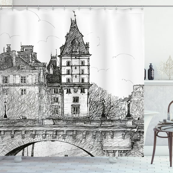 Ambesonne Paris Shower Curtain, View from Pont Neuf, 69"Wx75"L, Black and White