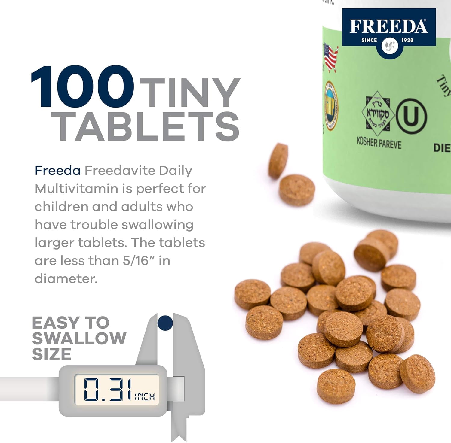 Freeda Multivitamin for Women and Men with Vitamin B1, B2, B6, B12, Folic Acid, and More, 100 Tablets