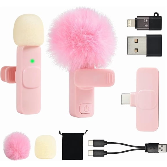 Carlikeit Pink Mini Wireless Lavalier Microphone for iPhone Android USB-C Devices, Clip-On Mic for Vlogging, Podcast, Interview & Social Media Recording with Noise Reduction