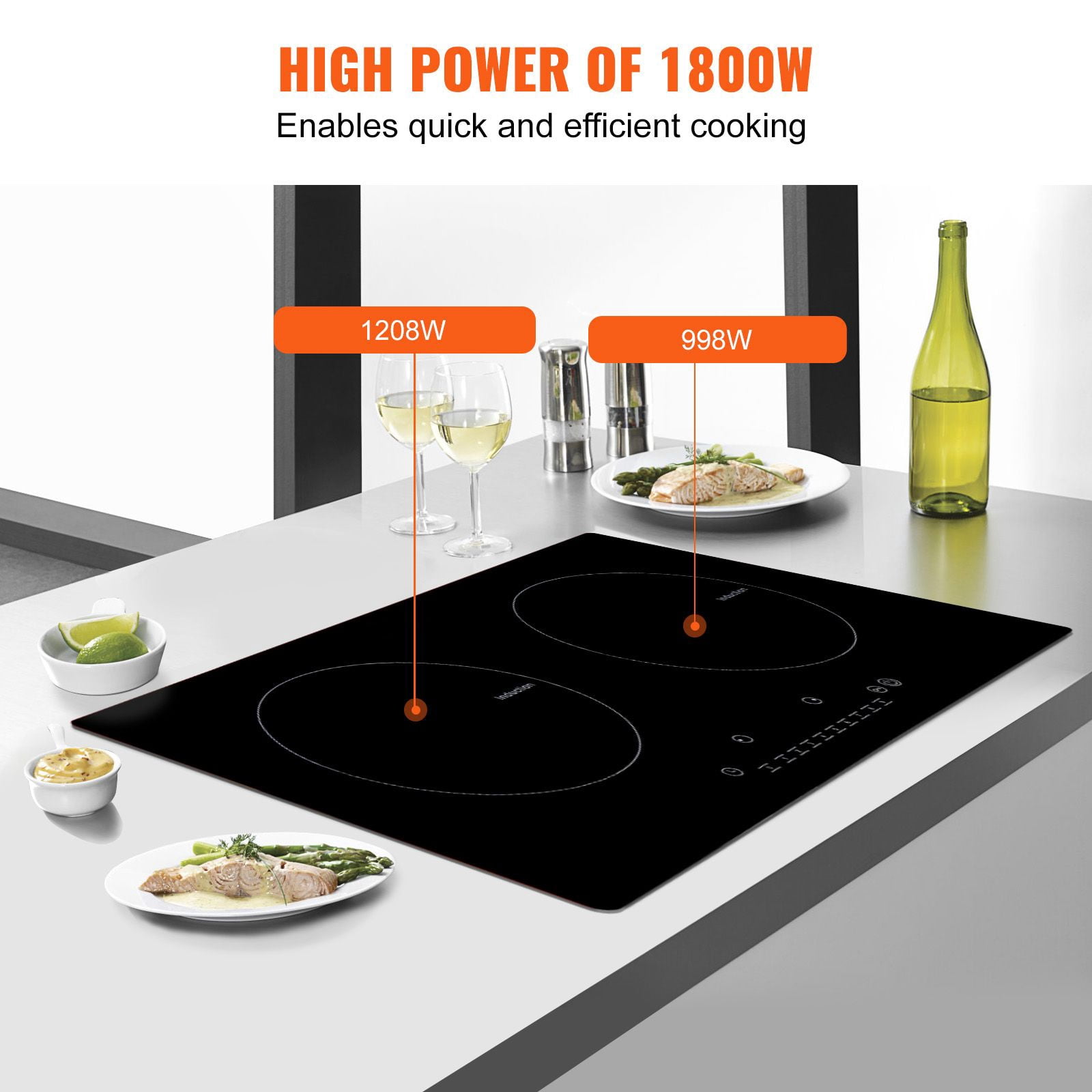24-Inch double-head embedded induction cooker 1800W 9-speed firepower LED touch screen, child lock overheating protection
