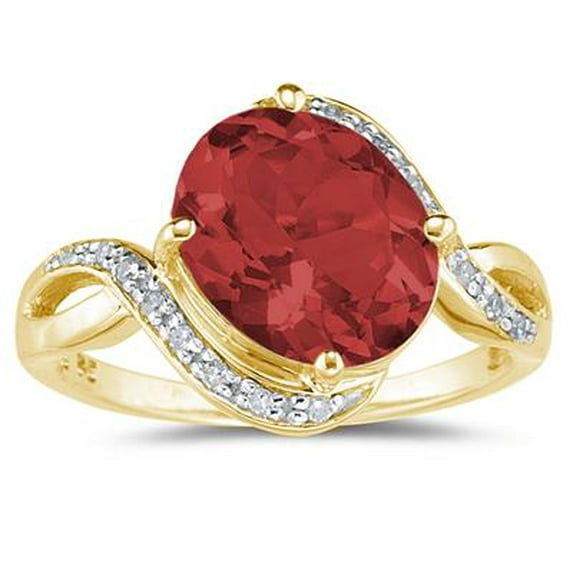 SZUL Women's Oval Shaped Garnet and Diamond Curve Ring in 10K Yellow Gold