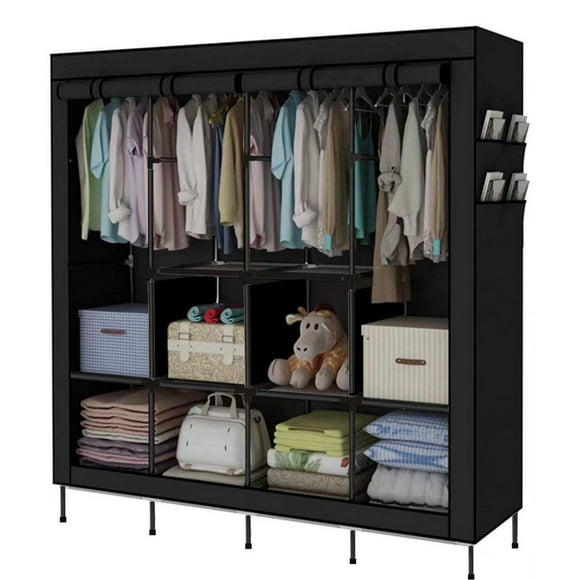 AGASY Clothing rack organizer - Portable closet wardrobe - Closet system - Almirah for clothes - Large Wardrobe Clothes Organizer 6 Shelves 4 Hanging Sections 4 Side Pockets 65.7x17.7x66.9in (Black)
