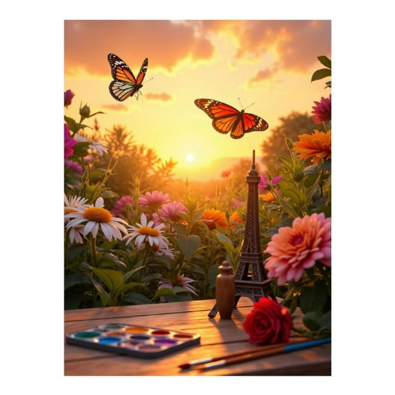 Diamond Art Kits for Adults, Sunset Butterflies Parisian Garden 5D Diamond Painting Kits for Adults Beginners, DIY Full Drill Diamond Painting, Gem Art and Crafts 12x16