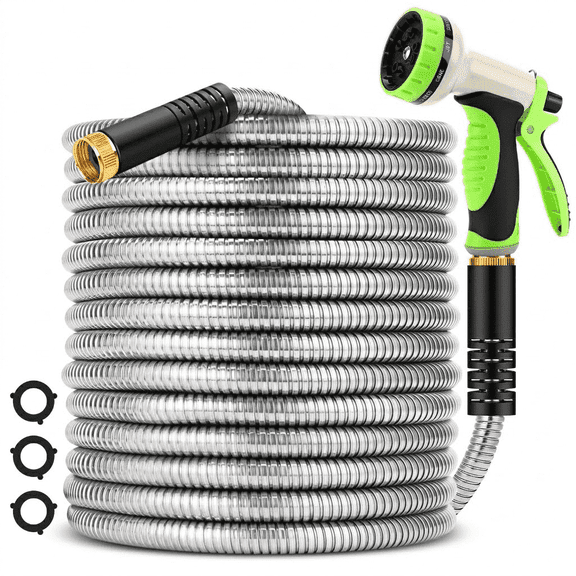 50FT Stainless Steel Garden Hose with 10-Pattern Spray Nozzle, Flexible Lightweight Metal Water Hose for Yard & Outdoor Use