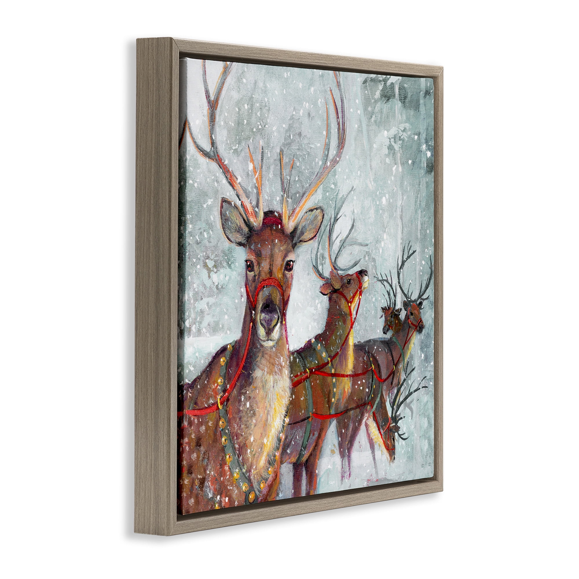 Stupell Industries Winter Reindeer Holiday Landscape Holiday Painting Brown Floater Framed Canvas Art Print Wall Art, 25 x 25