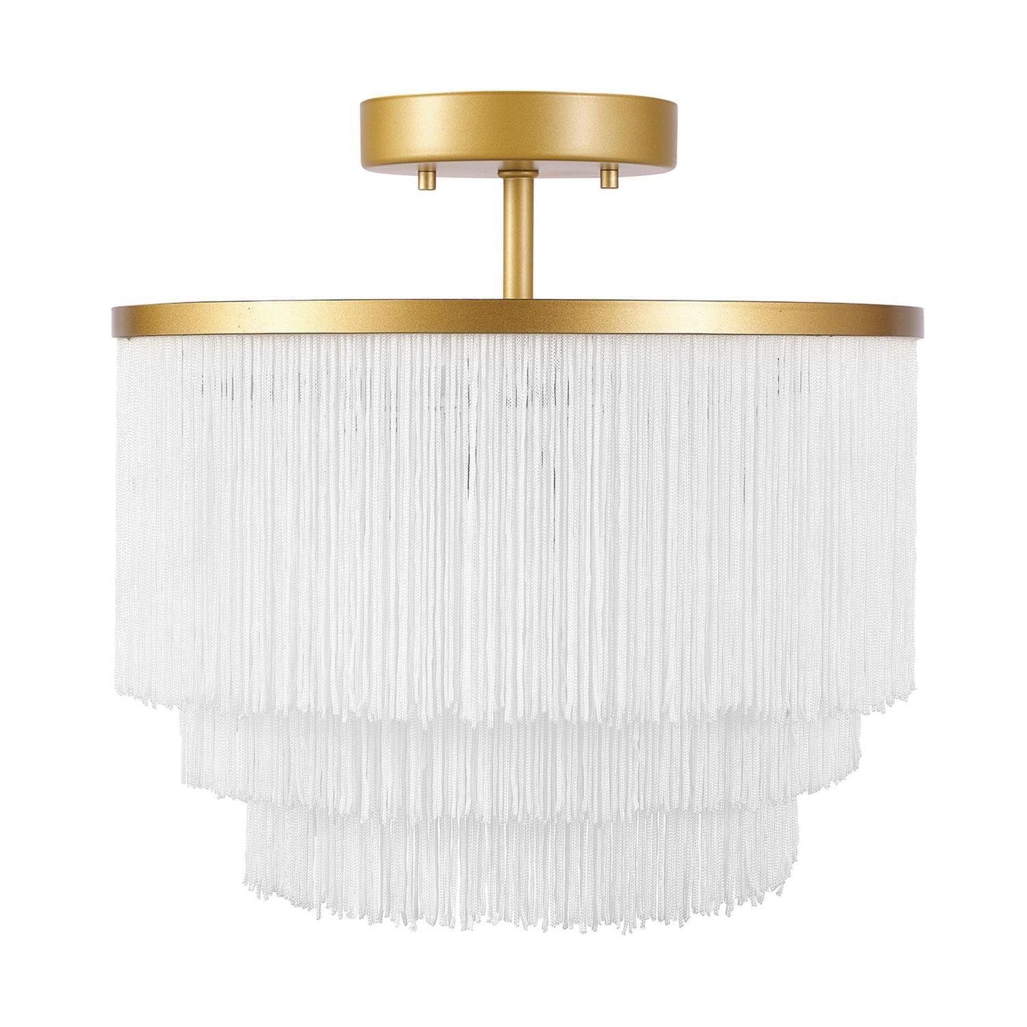 Novogratz x Globe Janis 1-Light Flush Mount Ceiling Light, Matte Gold, White Fabric Fringe Shade