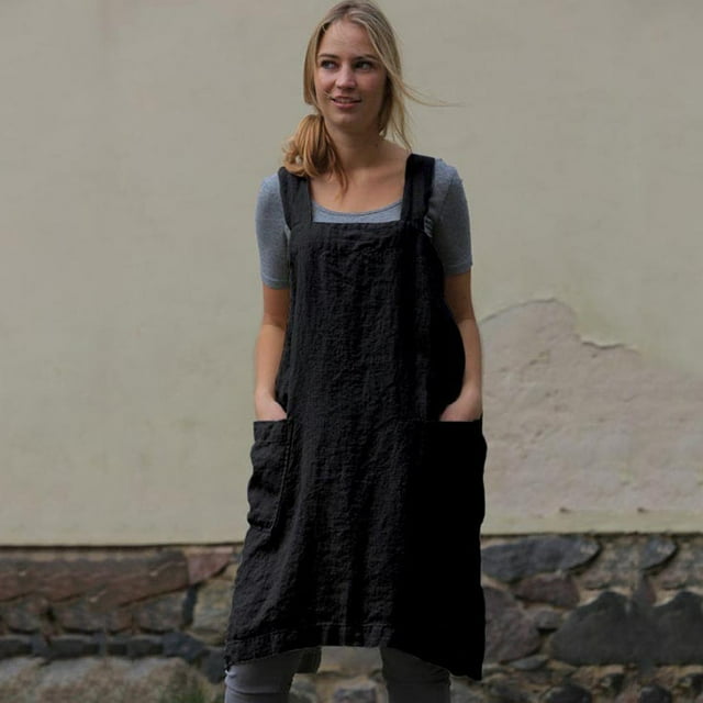 Jusqu'à 30 % de Rabais, Tablier en Lin pour Femmes, Tablier de Jardin, Robe de Travail pour Extérieur et Tenue Décontractée, Confortable et Durable/coton et Lin, Noir, Sopatenor