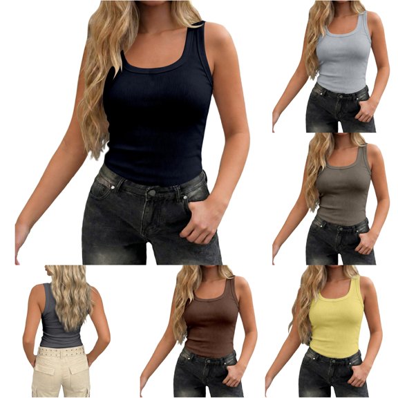 XIAONU Womens Ribbed Tank Top U Neck Sleeveless Slim Fit Daily Shirt