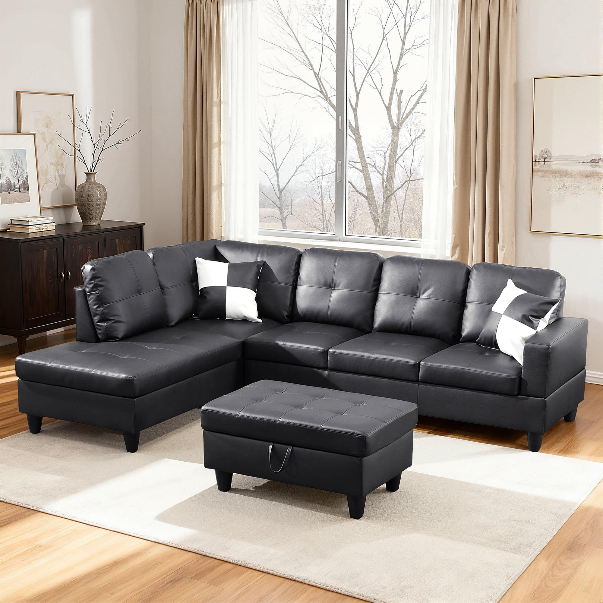 MAYEERTY 103.5" Modular Sofa, 3-Piece Sectional Couches for Living Room, Faux Leather Sofa Set with Ottoman, Black(Left)