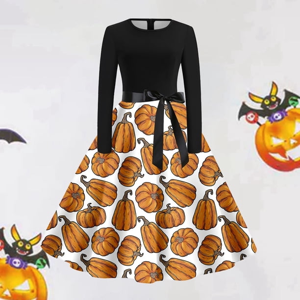 Vestidos Casuales Para Mujer, Vestido Camisero Con Estampado de Halloween | Estilo Retro de Manga Larga Para La Moda de Otoño de Mujer