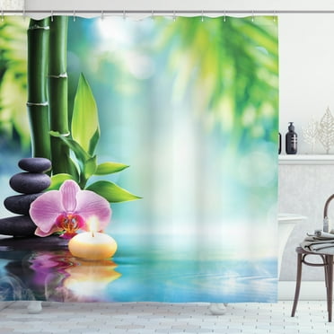 Spa Decor Shower Curtain Set, Symbolic Spa Features With Candle And Bamboos Tranquil And Thoughtful Life Culture Nature Print, Bathroom Accessories, 69W X 70L Inches, By Ambesonne