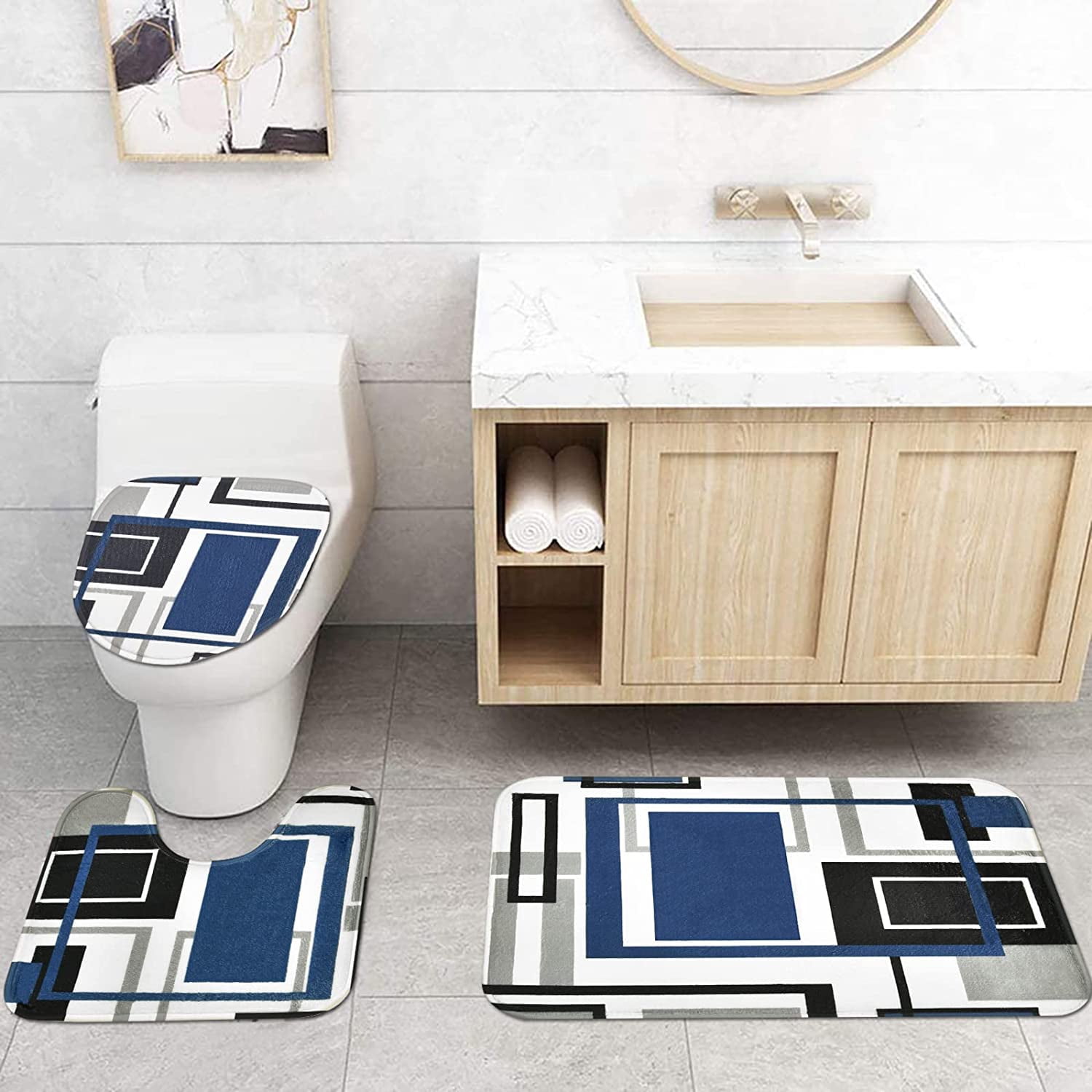 FRAMICS Blue Black Geometric Shower Curtain Sets with Rugs, 16 Pc Modern Abstract Bathroom Sets, Waterproof Fabric Shower Curtain with 12 Hooks and Toilet Rugs