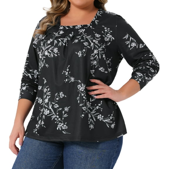 DARING DIVA Women's Plus Floral Square Neck Long Sleeve Blouse 4X Black