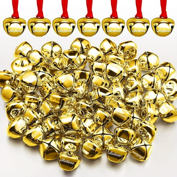 100 Pieces Christmas Believe Bell Ornaments 1.5 Inch Polar Express Bell Silver Gold Sleigh Bell Christmas Tree Bell Decoration Holiday Treat (gold)