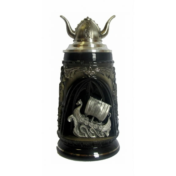 German Grotto Stein, black, pewter Vikinghelmetlit, ptd. pewter lid, 0.5 liter tankard, beer mug