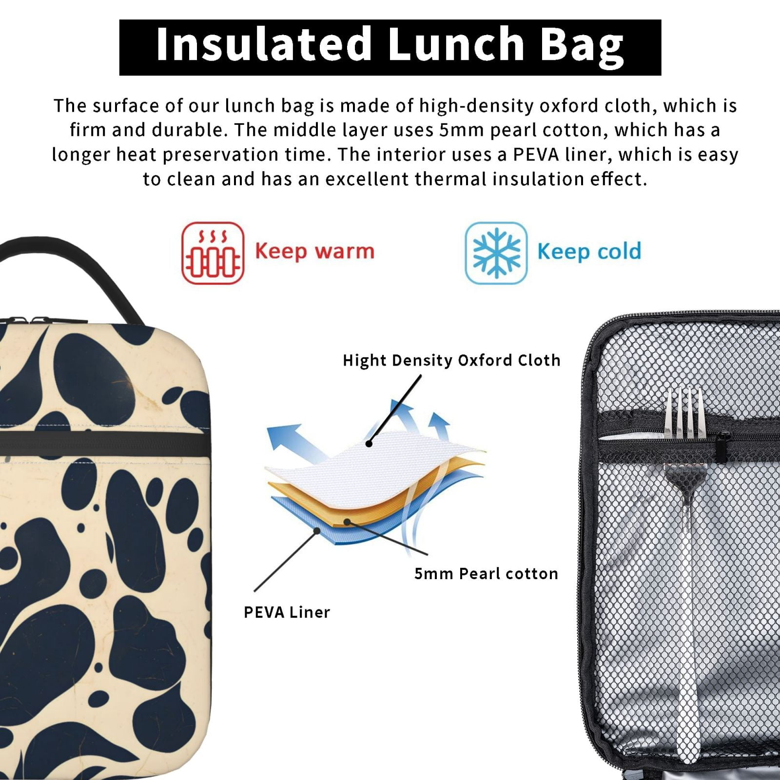 Lunch Bag For Women Men Insulated Portable Lunch Box Bento Box Office Picnic Travel Cooler Bag Milk Cow Skin Print Style Darkvoilet_1